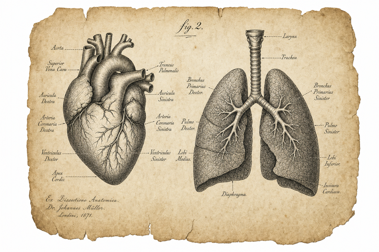 A worn anatomical plate depicting a heart and lungs with printed labels.