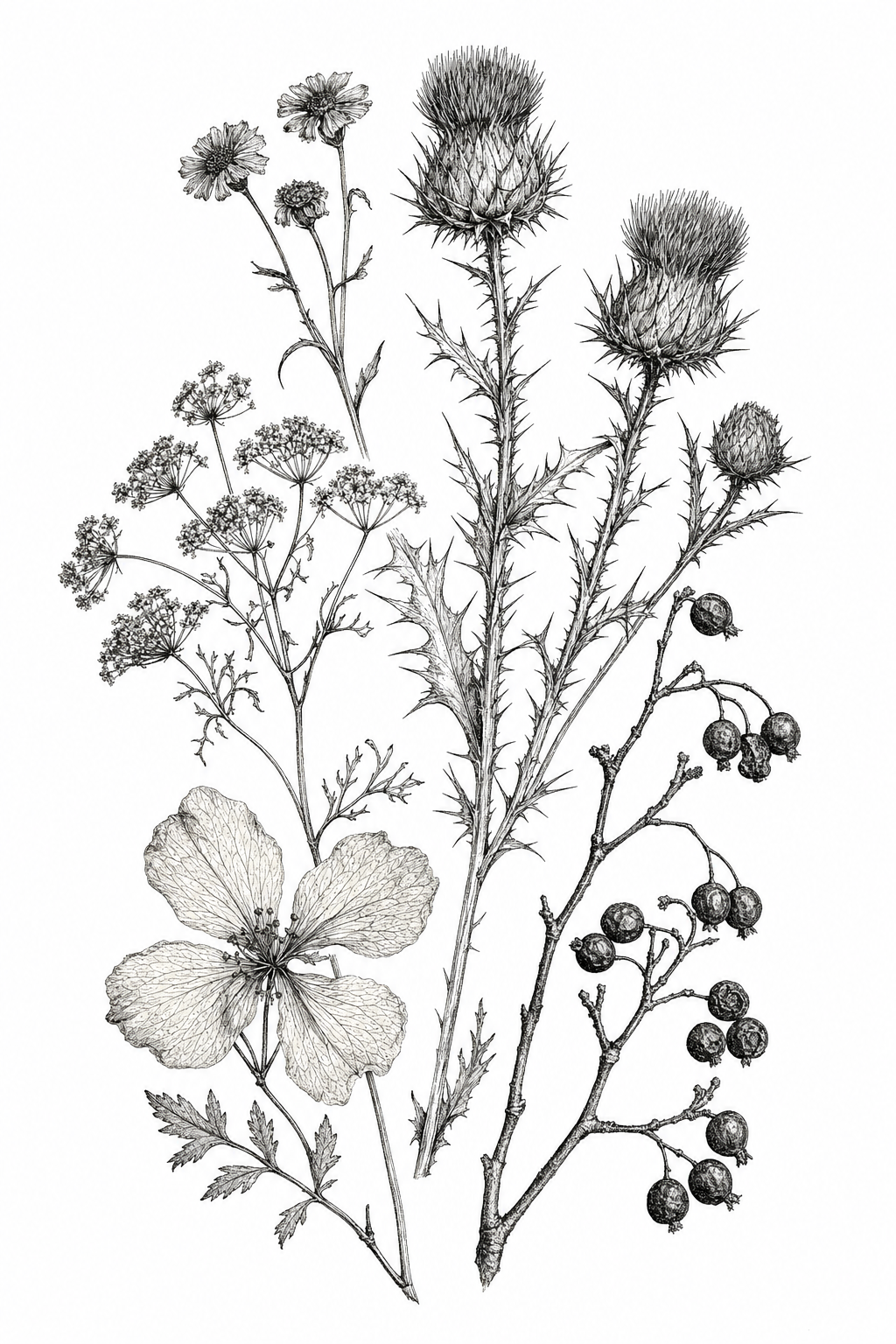 A delicate black-ink botanical engraving of thistles, flowers and a berry-bearing branch.