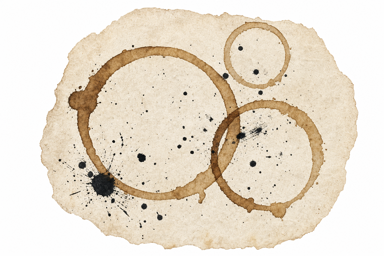 Overlapping coffee rings and scattered black ink on a torn piece of paper.