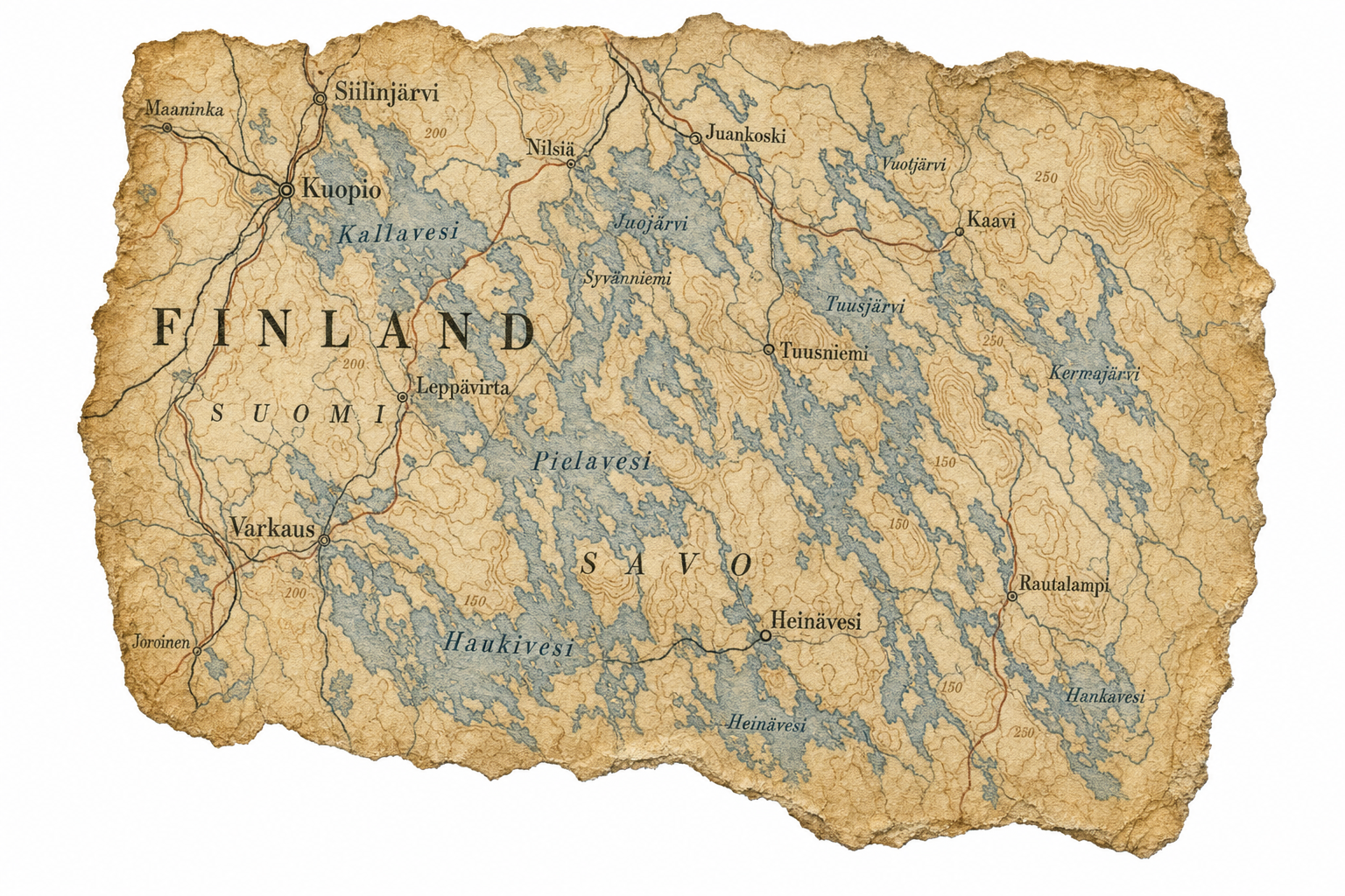 A torn, aged map clipping labeled Finland and Suomi, with lakes and place names around Kuopio.