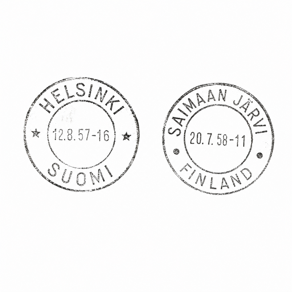 Supplied weathered postal impressions reading Helsinki Suomi and Saimaanjärvi Finland.