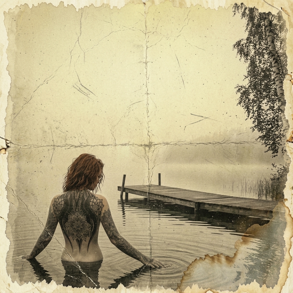 A weathered photograph of a tattooed person seen from behind in a still Finnish lake beside a wooden jetty and a birch tree. Supplied photograph.