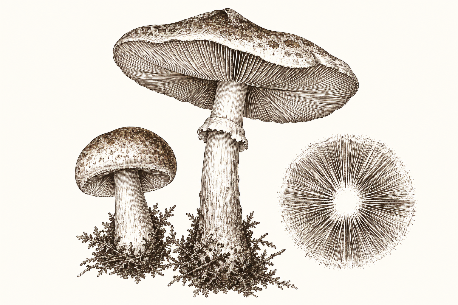 Antique-style ink print of two mushrooms, showing gills and a circular spore print. Decorative illustration, not a species identification.
