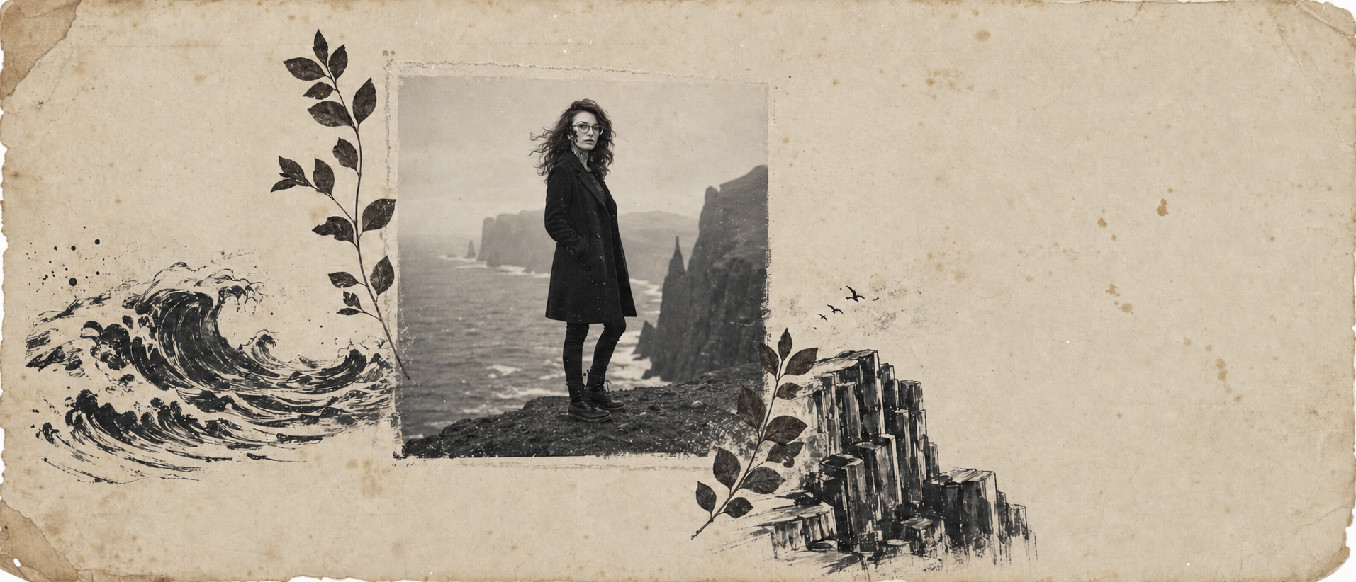 An aged sheet with pressed botanical branches, an engraved breaking wave and basalt cliffs, surrounding a coastal photograph.